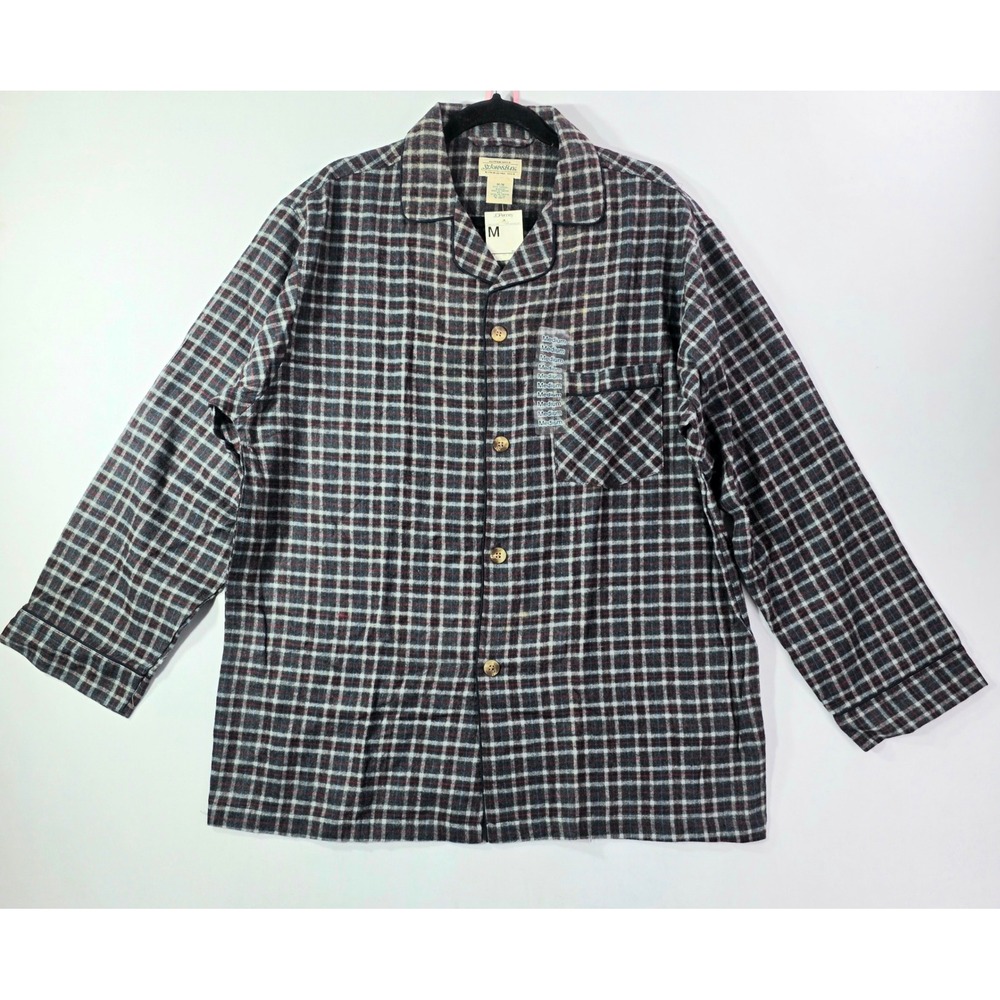 St Johns Bay Mens Plaid Flannel Pajama Top Grey Red Blue Button Sleep Shirt M